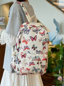 1 件尼龙面料蝴蝶印花时尚百搭休闲夏季新款优雅大学生女士背包，适合女性日常使用 - 白色 - 查看 6