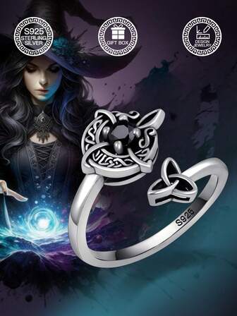 1pc S925 Sterling Silver Ring, Celtic Knot Witch Ring With Black Synthetic Zirconia, Adjustable Wrap Around Design Fits All Fingers, Halloween, Valentine's Day, Birthday Gift, Comes With Gift Box