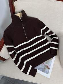 Áo len dài tay thường ngày in họa tiết sọc có khóa kéo nửa - màu nâu - Xem 4