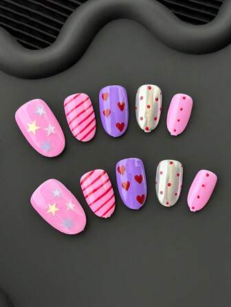 Valentine's Day Oval Nails Handmade Press-On Nails With Ombre Hand-Painted Artistic Patterns & Color-Blocking Designs - Full Cover DIY Glitter Artificial Nails, False Nails For Parties, Outdoor, Beach, Daily, Holidays, Gatherings, Work & Special Events - 10 Pieces/Set