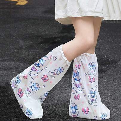2/5 Pairs Waterproof Lightweight Cartoon Print Shoe Covers | Long, Thick, Portable, Durable Footwear Protectors With Cute Animal & Heart Designs For Outdoor Activities