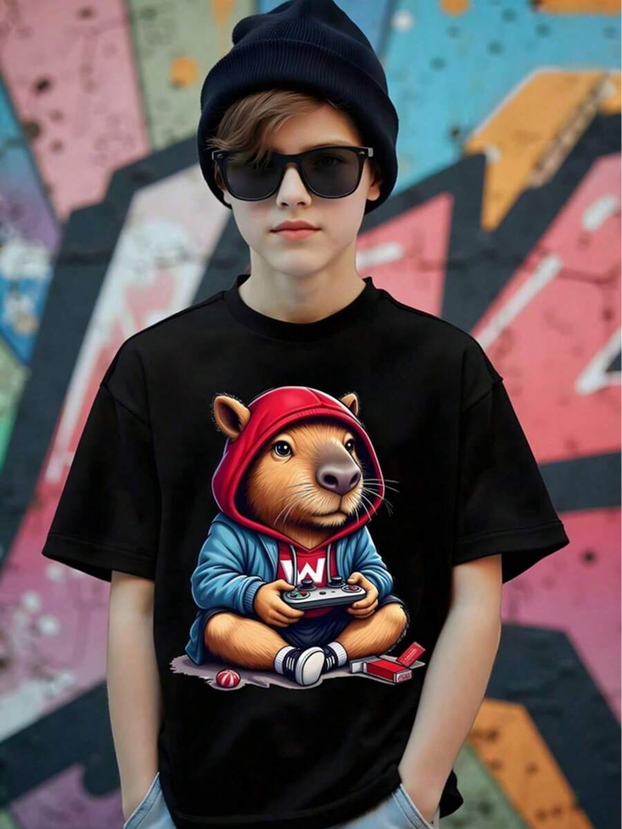 4-15 years old boys' T-shirts + shipped from Mexico + high-quality breathable fabric + sport short-sleeve round neck casual boys' T-shirt + boys' summer round neck short-sleeve T-shirt printed top - Negro - Ver 1