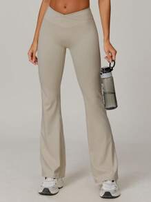 MASKERT 女士运动裤、瑜伽裤、紧身跑步健身裤、喇叭裤、休闲通勤裤、休闲裤、亲肤打底裤 - 杏色 - 查看 4