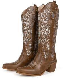 Cowboy Womens Mid Calf Boots Vintage Embroidered Western Cowgirl Boots Pointed Toe Chunky Heel Diamonds Boots Comfort Party Western Riding Boots - màu nâu - Xem 4