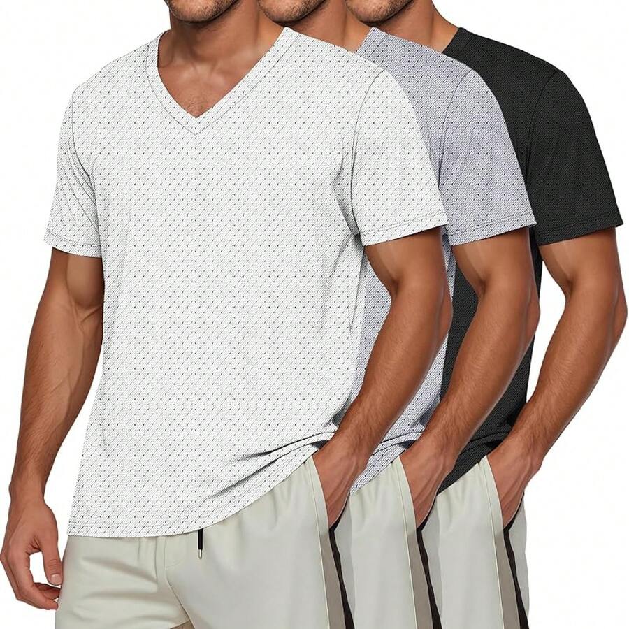 3 Pack Men's Big And Tall Quick Dry Shirts, Short Sleeve Tops V Neck Mesh Moisture Wicking Athletic Tees-2025 - Đen, Xám nhạt, Trắng - Xem 1