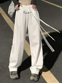 Retro bordado pantalones de chándal las mujeres la primavera y el otoño de jazz suelta nueva danza pantalones rectos pantalones de machete pantalones de chándal - Blanco - Ver 5