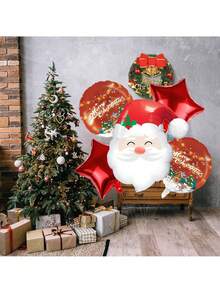 5pcs Santa Claus & Star Shaped Aluminum Foil Balloons Set, Suitable For Indoor/Outdoor Decoration, Christmas, New Year, Anniversary And Holiday Party Decor, Christmas Gift Balloon