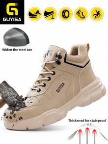 GUYISA Steel Toe Safety Boots, High Top Anti-Crush Anti-Puncture Rubber & Plastic Sole, 4 Seasons, Construction Worker Style Men's Safety Shoes - Khaki - View 1