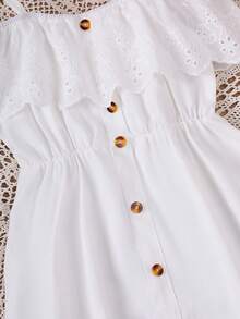 Girl Cold Shoulder Ruffle Trim Button Front Dress For Summer - White - View 6