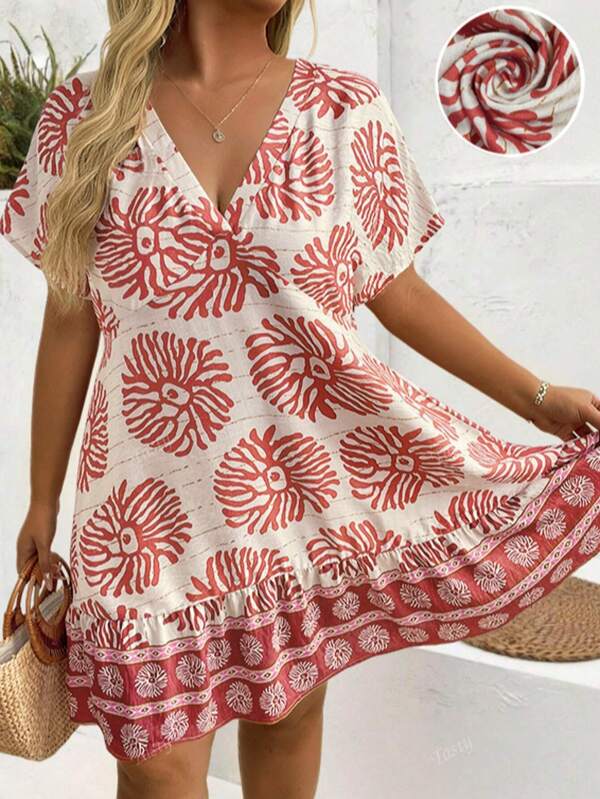 Plus Size Women's V-Neck Fitted A-Line Boho Print Summer Dress, Casual & Vintage