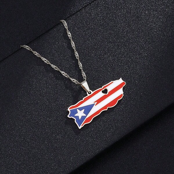 1 pièce Collier carte Porto Rico en acier inoxydable de mode, collier de tempérament simple personnalisé, chaîne de pull, bijou unisexe, peut être assorti avec vos vêtements quotidiens