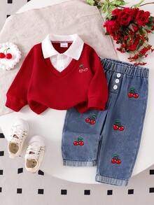 Baby Girl 2pcs Set - Colorblock Shirt Collar Top With Cherry Embroidery And High-Waist Button-Decorated Cherry Embroidery Cuff Jeans Set, Fashion