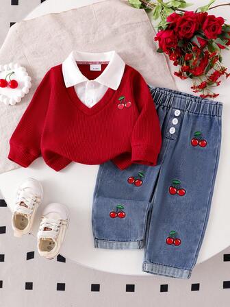Ensemble bébé fille 2 pièces - Top avec col chemise blocs de couleurs avec broderie de cerises et ensemble jean avec poignets à boutons décoratifs avec broderie de cerises, mode