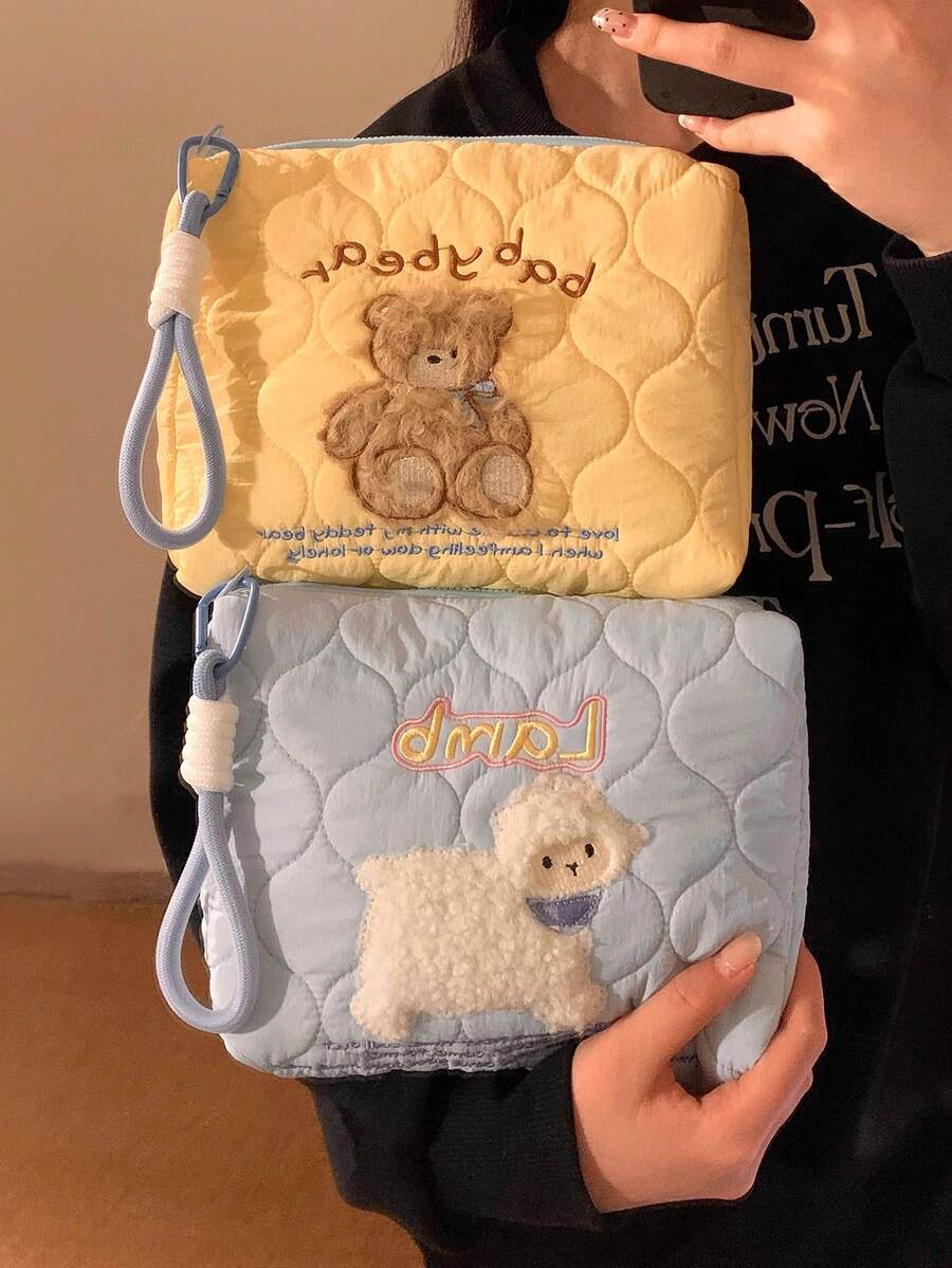 卡通毛絨熊女用化妝包/美容收納手拿包-適用於存放護膚品、眼影盤、底妝、眼霜等;便攜旅行美容與盥洗用品收納包,適合派對、度假、婚禮化妝、泳池與海灘場景 - 彩色 - 查看 1