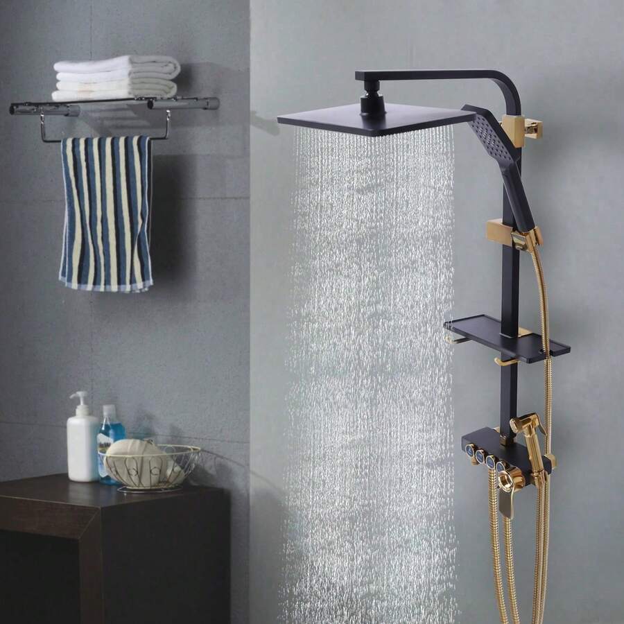 YUNRUX Thermostat Black+Gold Shower Faucet Shower Set Rain Shower Shower System Head Shower - Black+Gold - View 1