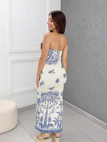 Women's Strapless Midi Dress Tropical Summer - Blue - View 2