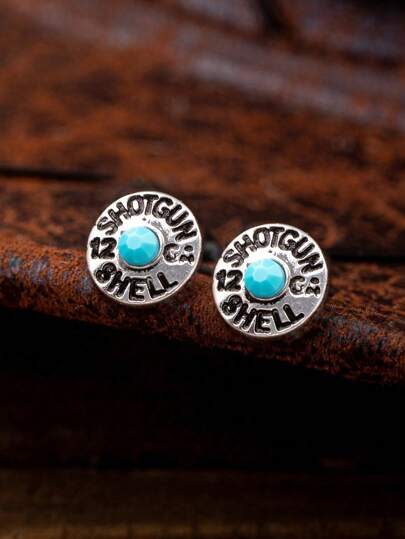 1 Pair Vintage Western Style Distressed English Letter & Geometric Round Design Earrings, Suitable For Daily, Vacation Wear, Fashion Jewelry Gift For Women