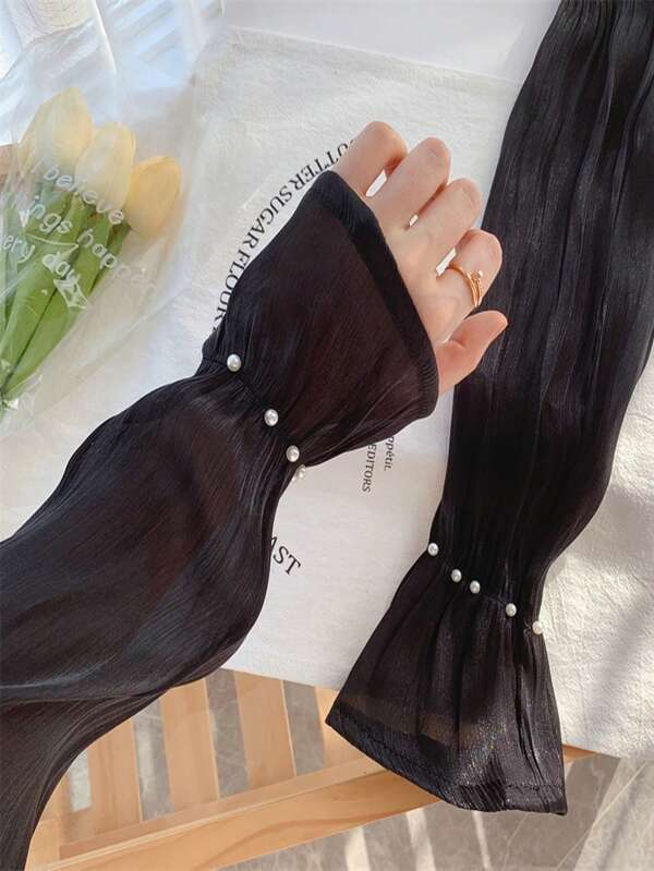 1 par de mangas protectoras de brazo para mujer para el verano, de seda ligera y transpirable con decoración de perlas para protección UV al aire libre, ciclismo