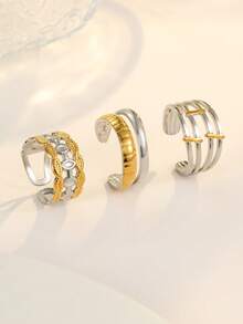 3pcs Stainless Steel Gold And Silver Shell Rings Set, Adjustable Size, Suitable For Women Daily Decoration Or Gift - Multicolor - View 2