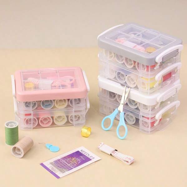 2025 Useful 1pc White/Blue 3-Layer Sewing Box Kit, 22Pcs Household Sewing Kits Case, Portable Sewing Tools Supplies For Daily Use, Travel, Dorm