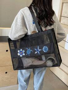 Sac en maille à motif de lettres de plage, sac fourre-tout en maille grande capacité, cadeau pour la fête des mères, sac de toilette portable en maille, sac fourre-tout en maille d'atmosphère maritime, grand sac de courses, à utiliser pour vous-même ou à offrir en cadeau à des amis, à votre mère, à des enseignants, grand sac fourre-tout - Multicolore - Voir 9