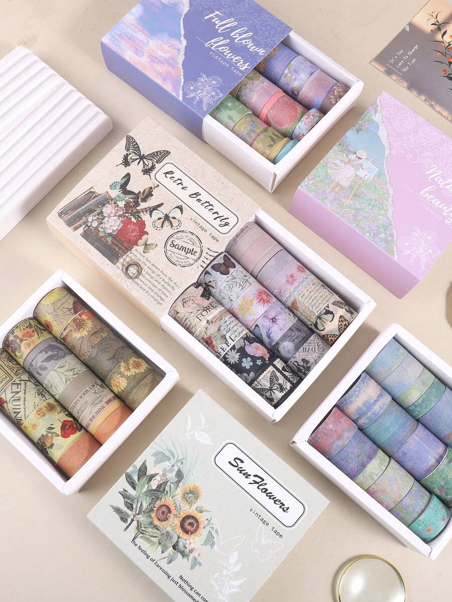 20 卷/盒，复古植物花卉图案和纸胶带套装，创意油画、花朵、蝴蝶等图案精美设计贴纸卷，多用途遮蔽胶带-剪贴簿装饰DIY手册装饰礼品包装装饰胶带，时尚学校用品-返校必备 - 彩色 - 查看 1