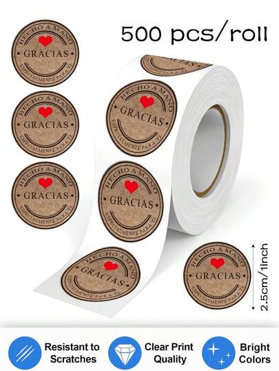 500 unidades de 1" Etiquetas adhesivas redondas de color marrón hechas a mano con el texto "Gracias", apropiadas para pequeños negocios, productos horneados, bebidas, manualidades de embalaje de regalos, sobres, tarjetas, ramos, pegatinas de PVC resistentes al agua
