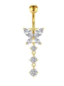 Set de 5 piezas de 14g de barras de ombligo de acero inoxidable con aros colgantes de ombligo para mujer, joyería de perforación con colgantes de corazón, flor y mariposa en plata y oro