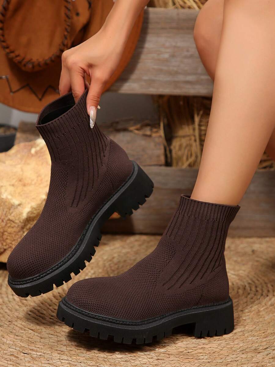 厚底高帮女鞋弹力针织休闲鞋筒秋冬新款短筒踝靴套脚鞋 - 咖啡棕 - 查看 1