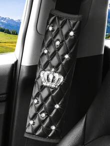 1 件 PU 仿羊皮软水钻皇冠闪亮汽车肩垫安全带套，长度 9.05 英寸，汽车配件