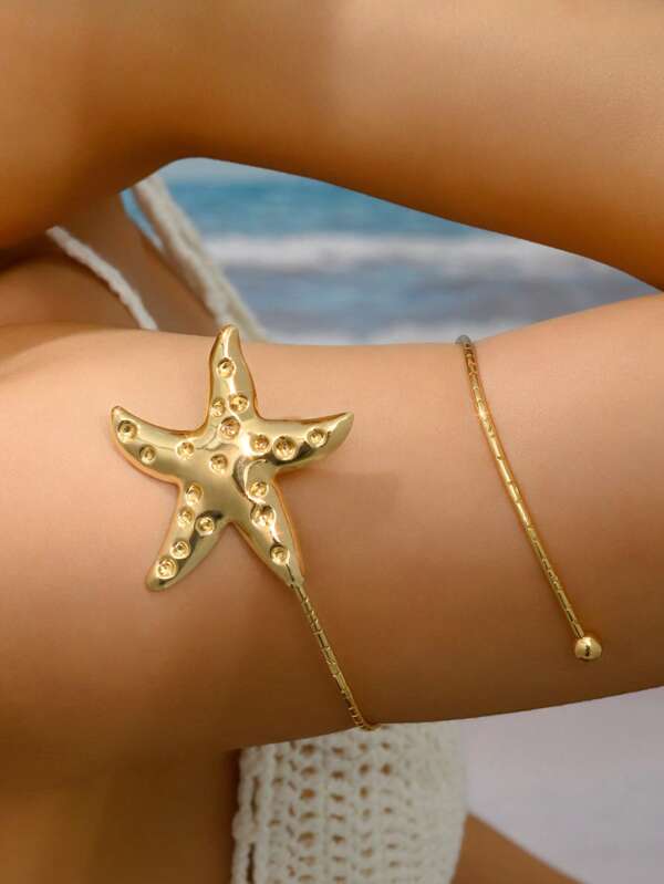 1pc Adjustable Geometric Starfish Design Bracelet, Inspired By European & American Coastal Style, Suitable For Everyday Wear And Beach Vacation