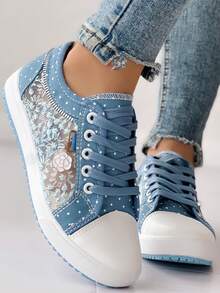 女士浅蓝色花卉装饰蕾丝网眼低帮休闲运动鞋，秋冬新款圆头系带拉链点缀女士鞋，休闲时尚滑板鞋 - 淺藍色 - 查看 5
