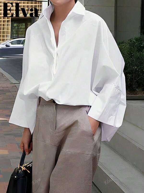 QIANZHIDU Women's Solid Color Long Sleeve Business Interview Commuting Leisure Relaxation Simple Elegant Mature Spring Summer Autumn Shirt