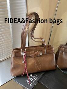 Fashionable Women Tote Bag, Solid Color Minimalist PU Leather Retro Style, Suitable For Dating, Shopping, Versatile, With Keychain Pendant - Brown - View 5
