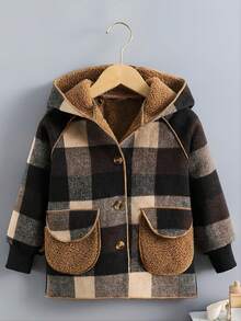 Young Boys' Plaid Thermal Lined Jacket, Warm Outerwear, Mid-Length Street Style Coat For Autumn/Winter - Brown - View 1