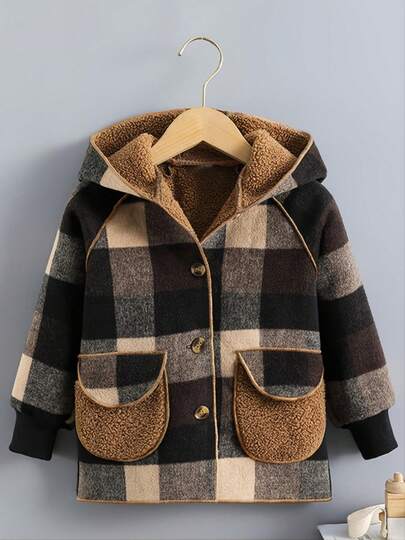 Young Boys' Plaid Thermal Lined Jacket, Warm Outerwear, Mid-Length Street Style Coat For Autumn/Winter