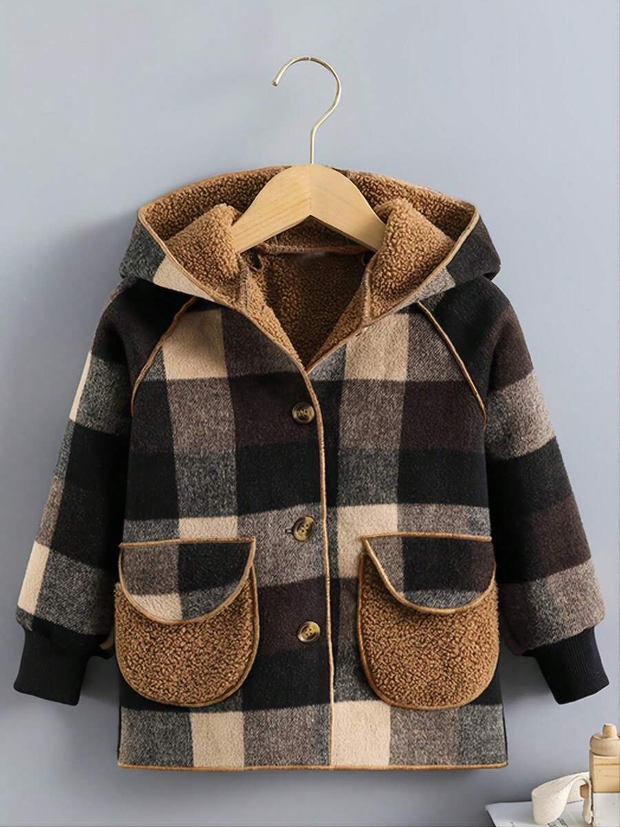 Young Boys' Plaid Thermal Lined Jacket, Warm Outerwear, Mid-Length Street Style Coat For Autumn/Winter - Brown - View 1