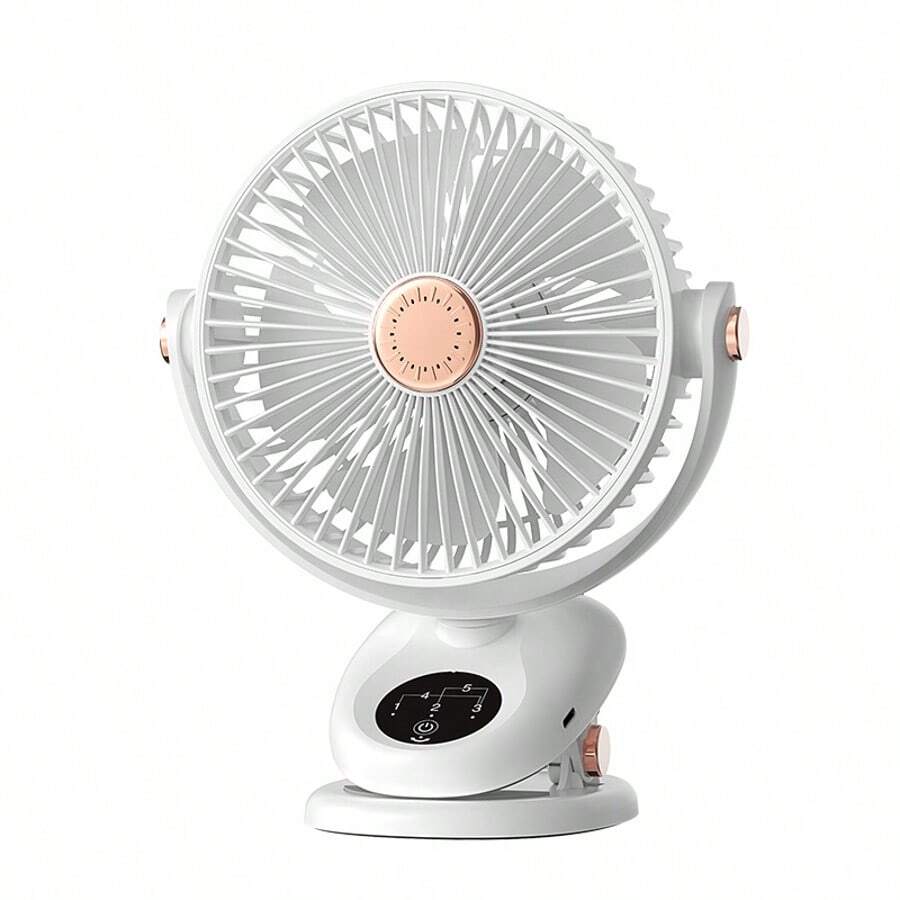 Portable Clip-On Fan, 360° Rotating Fan, 5-Speed Silent Mini Personal Desktop Fan For Outdoor Camping, With 2400mAh Rechargeable Battery, USB Rechargeable Electric Fan For Gym And Home Office - White - View 1
