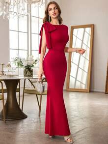MUXXN Asymmetric Neckline One Shoulder Bow Decor Long Mermaid Formal Gown, Suitable For Wedding Guest, Graduation Ceremony, Banquet, Spring/Summer - Burgundy - View 3