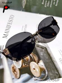 1pc "MMMM" Registered Brand Letter Designer Fashion Glasses, Rimless Edged Driving Fishing Vintage Fashionable Curved Metal Frame Oval Fashion Glasses For Women, Chic Casual High-End Personalized Oval Fashion Glasses Oval Shape Shades - 彩色 - 查看 9