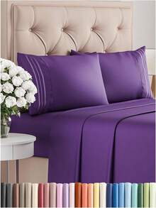 4PCS Cooling Luxury Hotel Sheet Set - 15'' Deep Pockets, Shrink & Fade Resistant With Embroidered Pillowcases | Fitted Sheet + Flat Sheet For Summer Bedding - Dark Purple - 查看 1