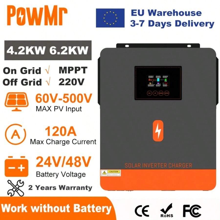 PowMr 6.2KW 4.2KW Hybrid Solar Inverter On Grid Pure Sine Wave Inverter 24V 48V 230V Dual Output With MPPT 120A Solar Charger - 4.2千瓦 24伏 - 查看 1