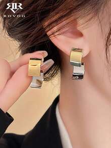 一对简约方形金/银金属耳环，适合女性的优雅日常佩戴 - 金黃色+銀色 - 查看 2