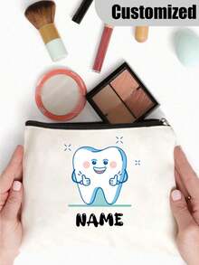 Customized Name Toothbrush, Tooth Print Cartoon Bag, Women's Cosmetic Bag, School Pencil Bag, Travel Toiletry Bag, Women's Reusable Toiletry Bag Storage Bag Handbag Coin Purse Party Gift School Pencil Case Dentist Gift Cosmetic Bag School Supplies Travel Essentials Cosmetic Bag Holiday Essentials Cosmetic Bag Cosmetic Storage Bag Holiday - White - View 9