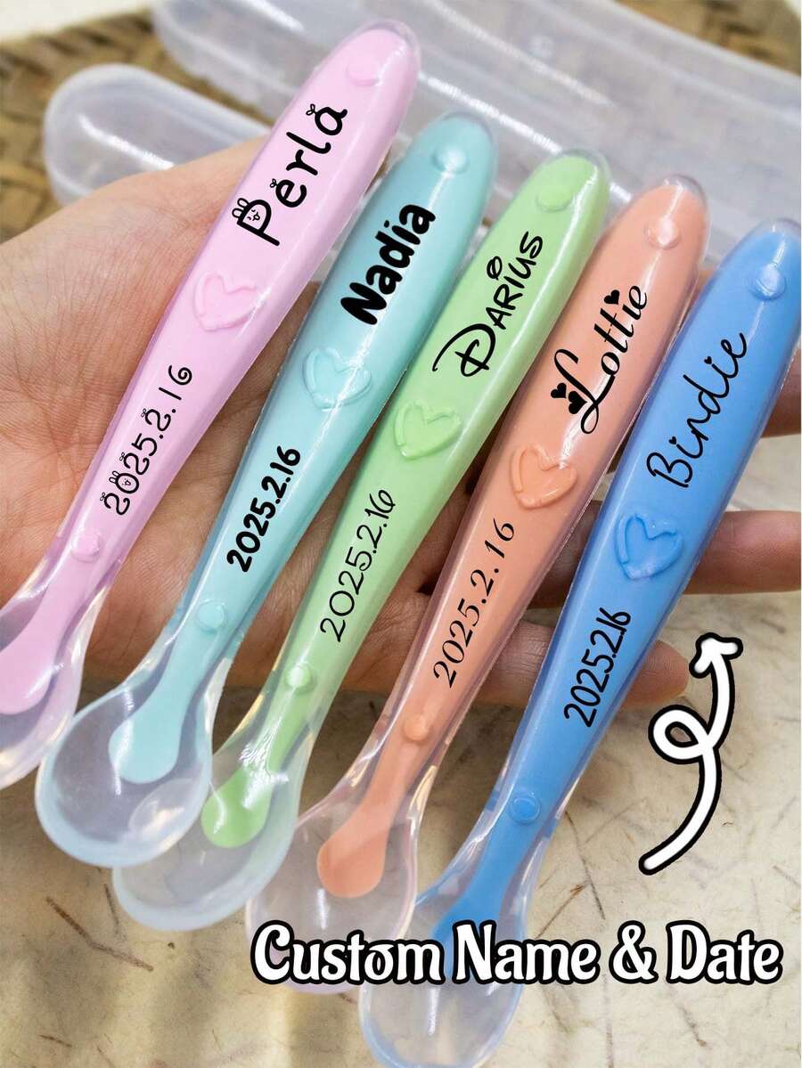 Personalized Silicone Baby Spoons With Name And Date, Baby Led Weaning Spoon Set, Soft Gum Care Feeding Cutlery, Gift For Boys And Girls - Style a - View 1