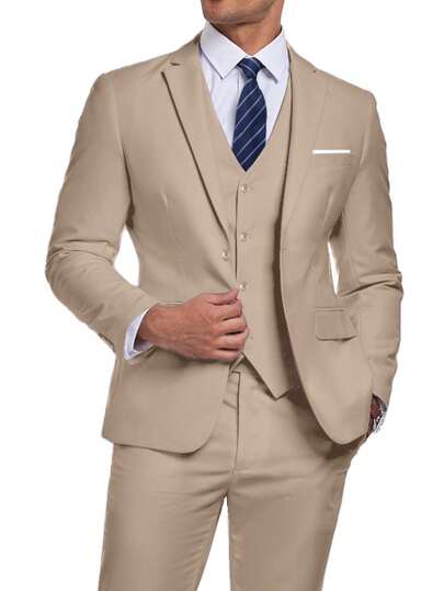 Traje de hombre Furuyal elegante y ajustado de corte slim, de 3 piezas, con blazer, chaleco y pantalones, para boda, viaje, fiesta y baile. Color champán. Tallas desde XS a 3XL