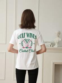 Women's Summer New Arrival Minimalist Golf Badge Graphic White Short Sleeve T-Shirt, Casual Round Neck Versatile Daily Wear Top - White - View 2