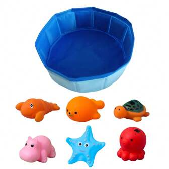 7pcs Portable Foldable Cat Bath Toy Set, Includes Interactive Fish Toys, Durable Pet Splash Pool, Suitable For Kittens, Indoor Cat Toys
