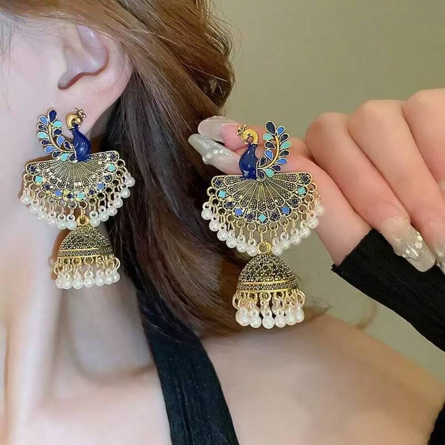 1 Đôi bông tai dáng chuông hình chim công kiểu Trung Đông cổ điển, thích hợp cho nữ giới đeo hàng ngày. - Nhiều màu - Xem 1