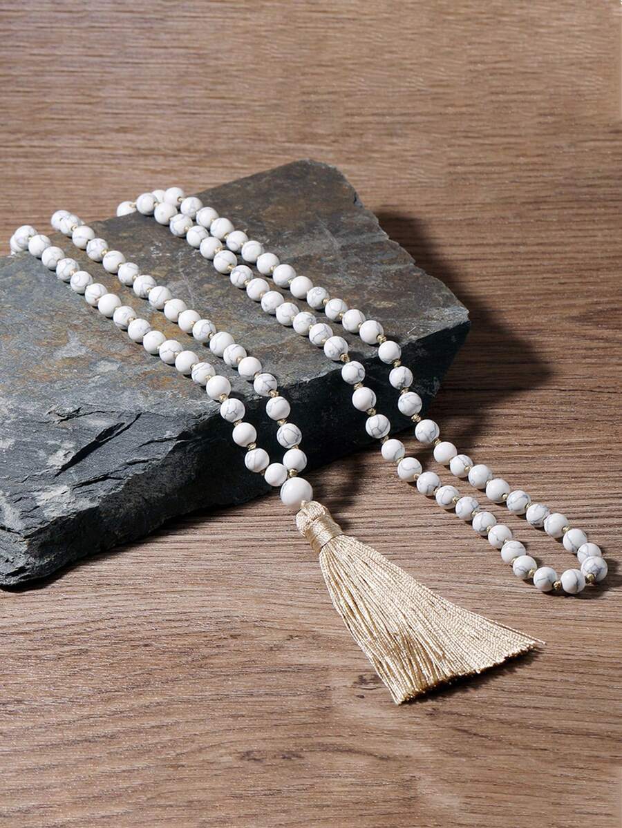 6毫米流苏长项链，波西米亚风白色 Howlite 108 颗珠子项链，Mala 串珠项链，冥想、瑜伽、祈祷珠宝礼物，适合男女 - 白色 - 查看 1